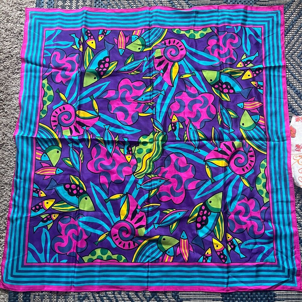 Vintage 80s hand stitched rolled edges maximalist aquatic fish vibrant scarf